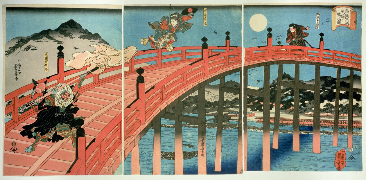 Ushiwaka and Benkei Fighting on Gojo Bridge (published c.1839) by Utagawa Kuniyoshi