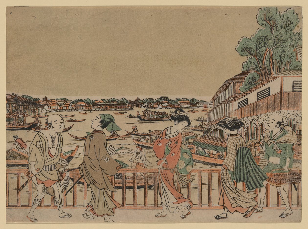 Pedestrians Crossing a Bridge Over a River with Boats by Utagawa Toyoharu