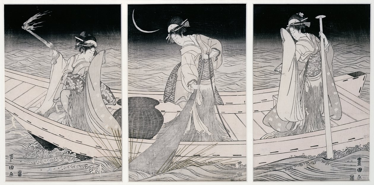 Three Women on a Boat Fishing by Lamplight by Utagawa Toyokuni