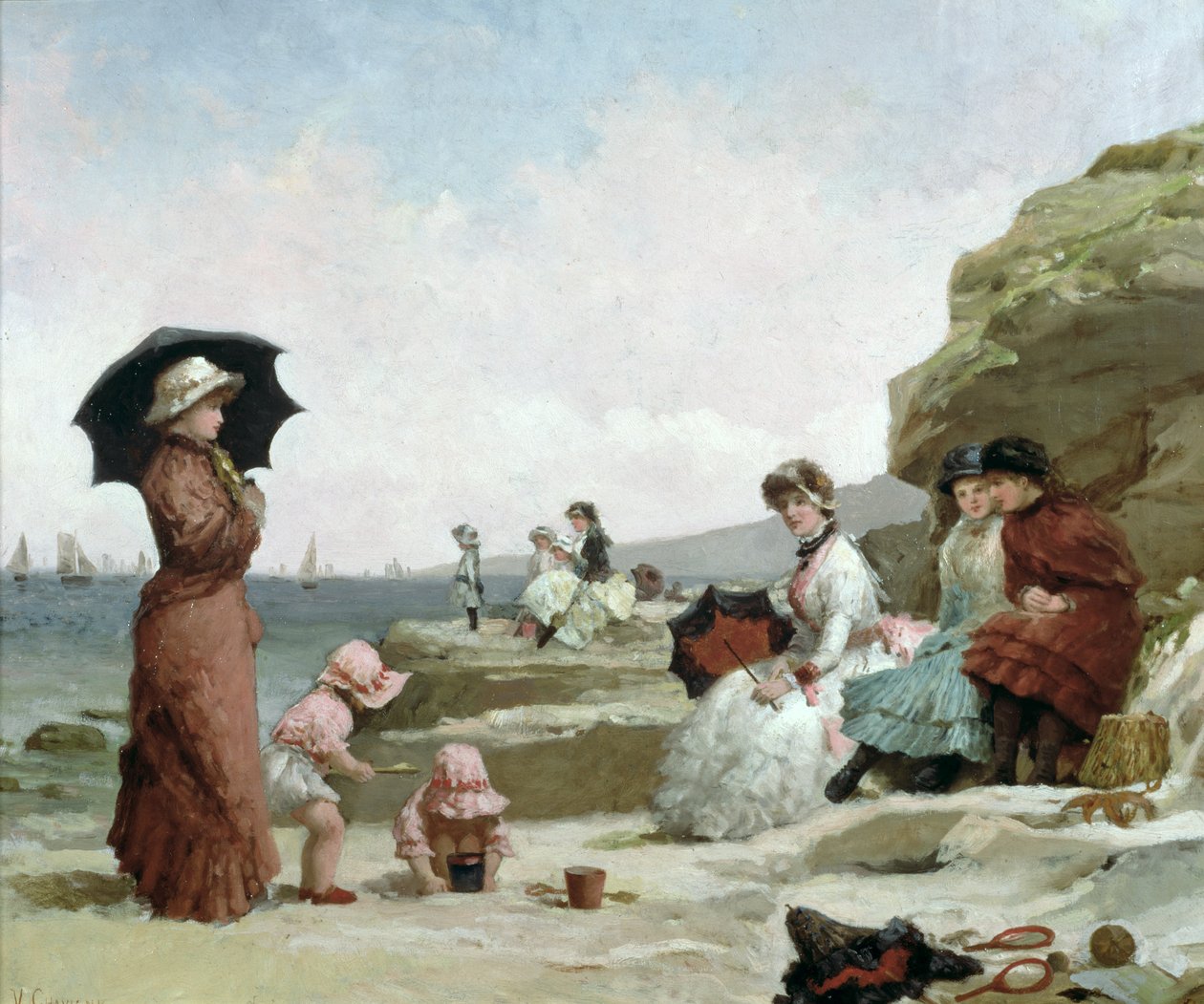 Seascape, Figures on the Beach, c.1870 by V. Chavigny