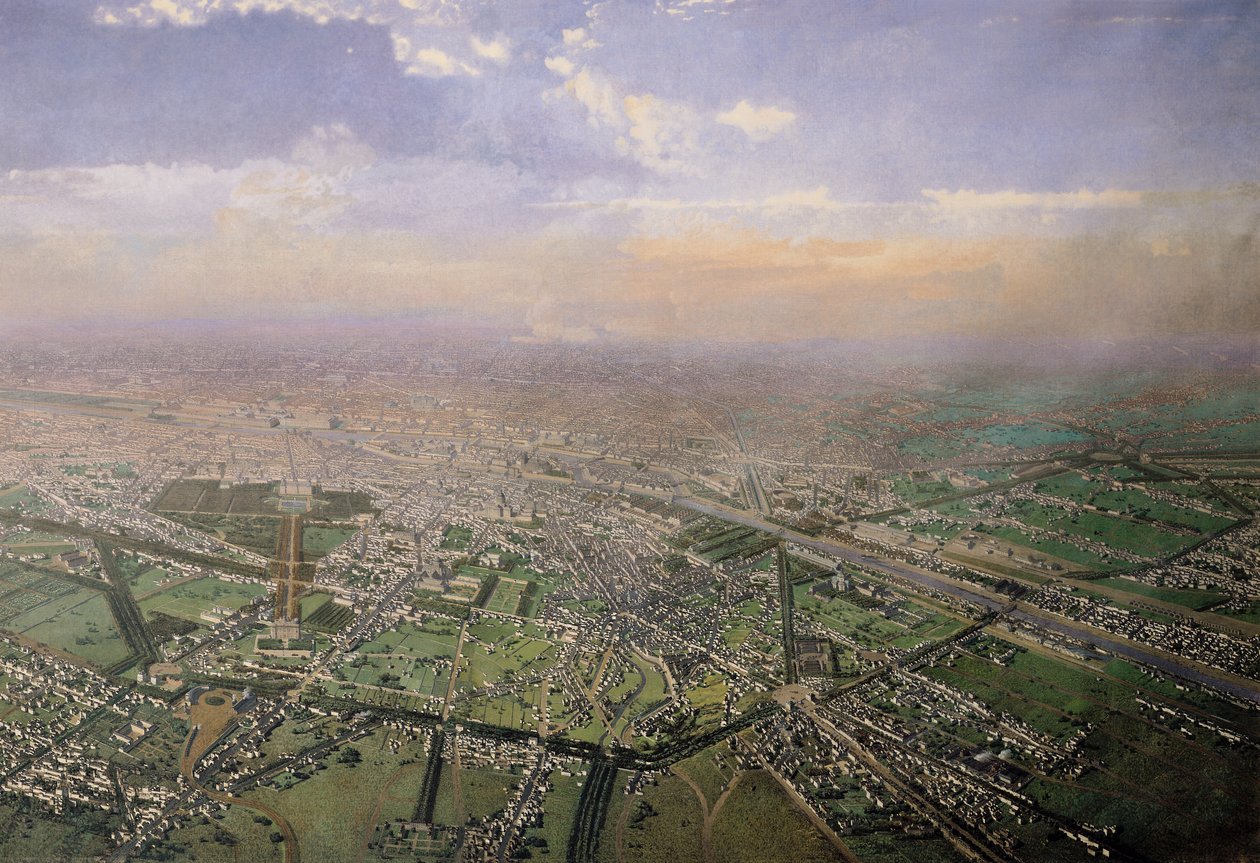 General view of Paris from a hot-air balloon, 1855 (detail) by Victor Navlet