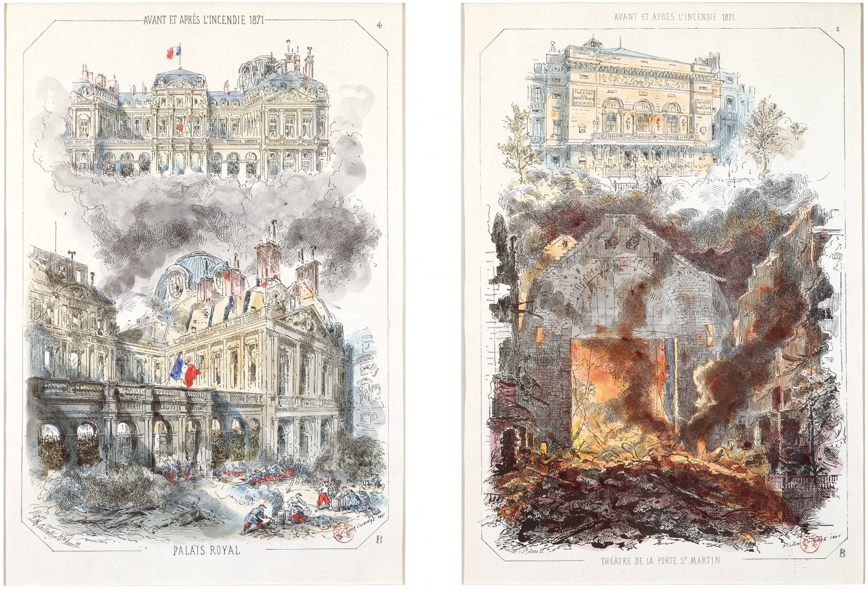 The Palais Royal and the Theatre de la Porte Saint-Martin Before and After the Fire of 1871 by Victor after Coindre