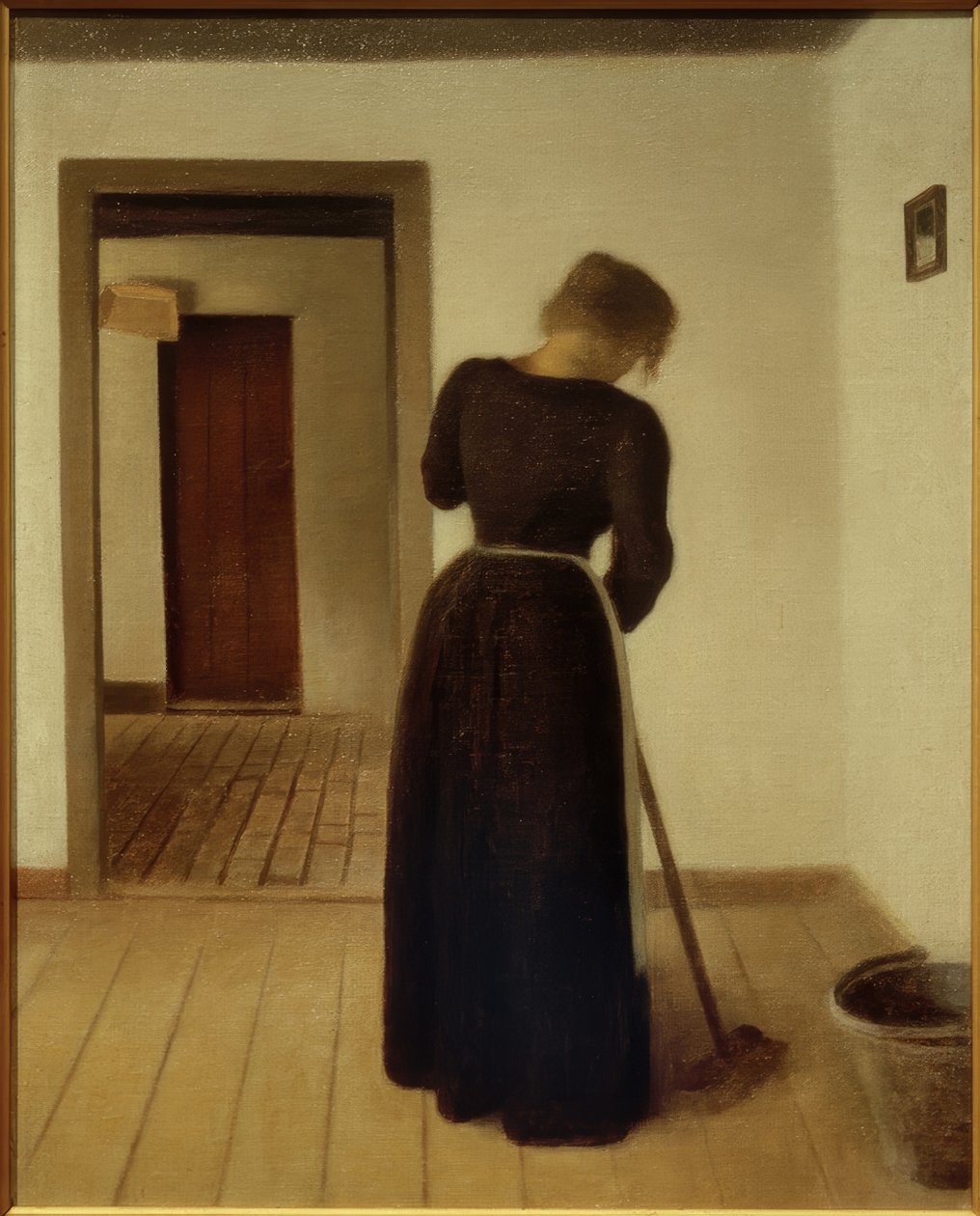 Interior with a Young Woman Sweeping by Vilhelm Hammershoi