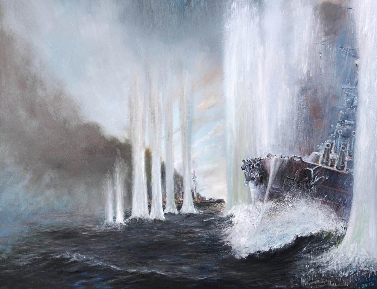HMS Warspite Circles HMS Warrior at Jutland, 31st May 1916 by Vincent Alexander Booth
