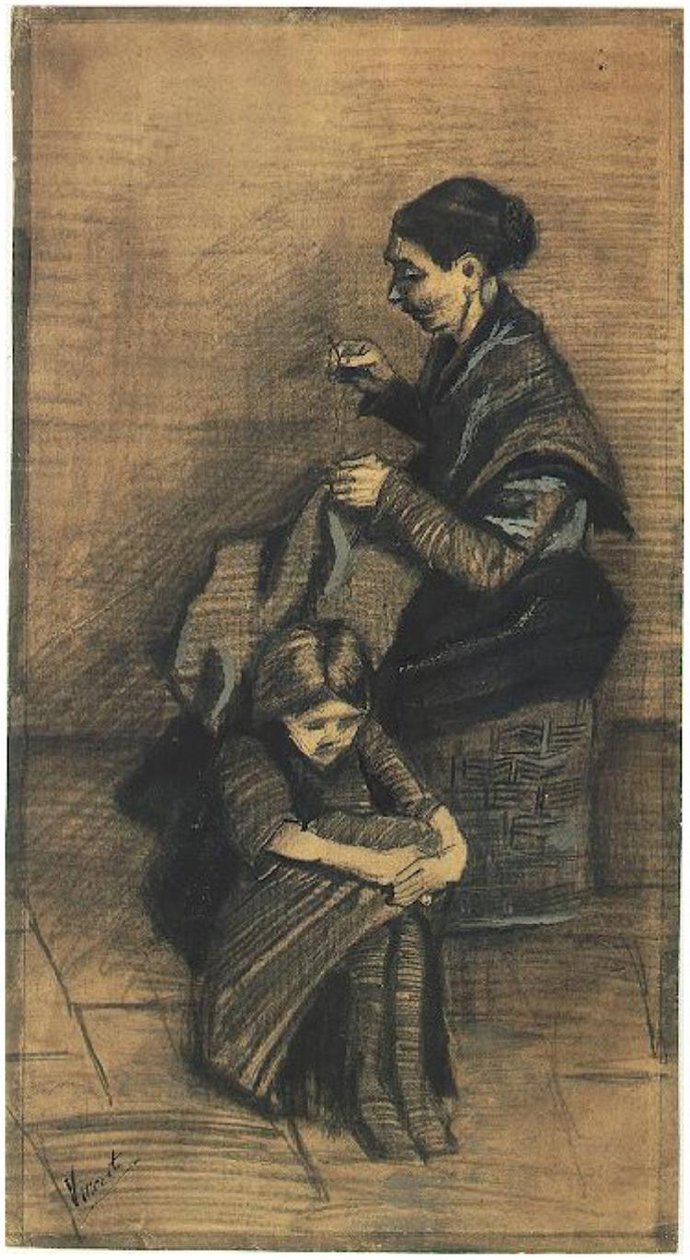 Sien Sitting on a Basket with a Girl by Vincent van Gogh