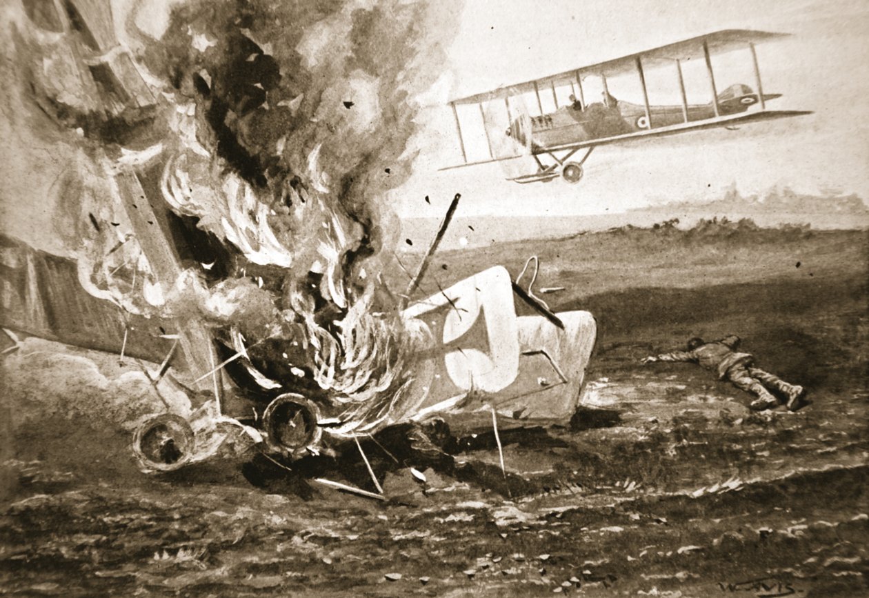 Second-Lieutenant Patrick about to land alongside a German aeroplane which he had shot down by W. Avis