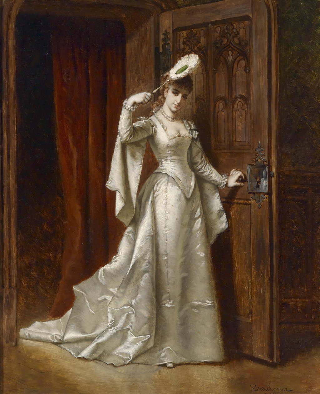 Elegant Lady in White Damask Dress by Władysław Bakałowicz