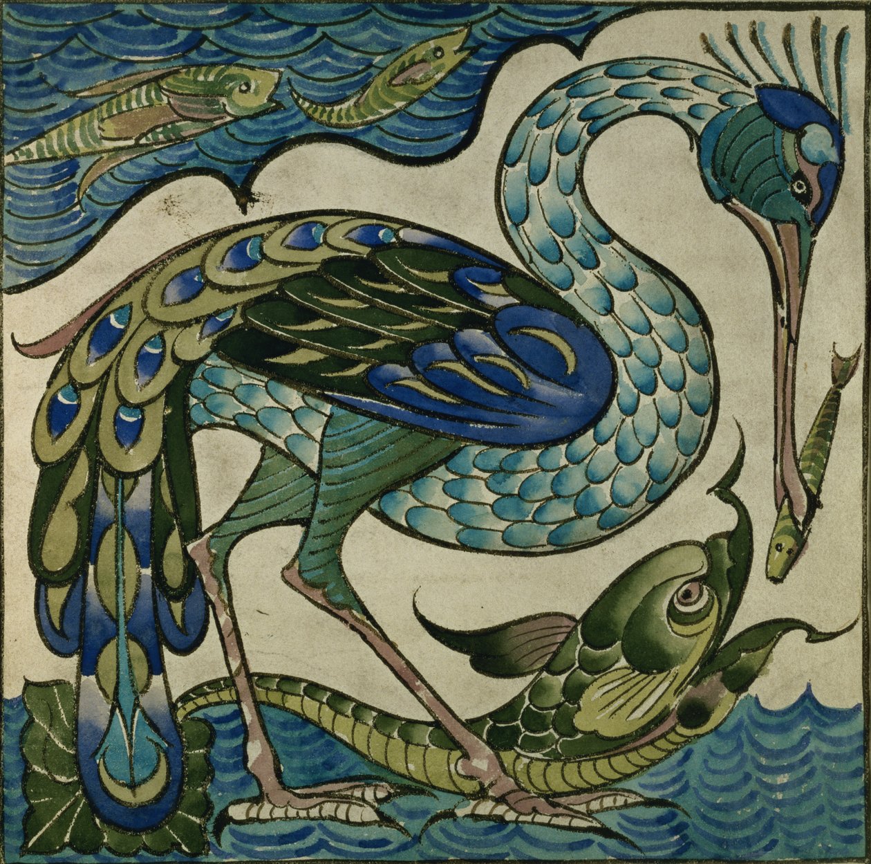 Tile design of heron and fish, by Walter Crane by Walter Crane