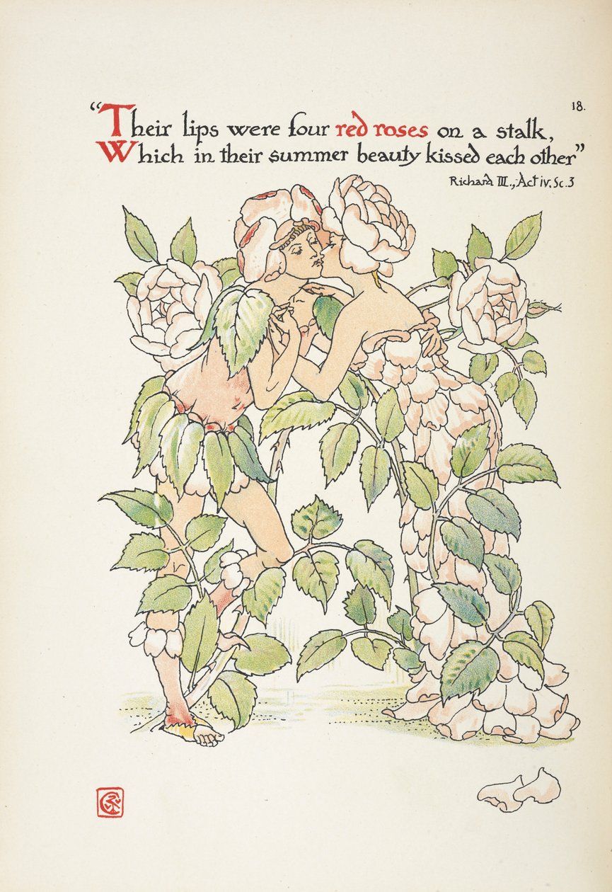 Two figures kissing dressed as roses by Walter Crane