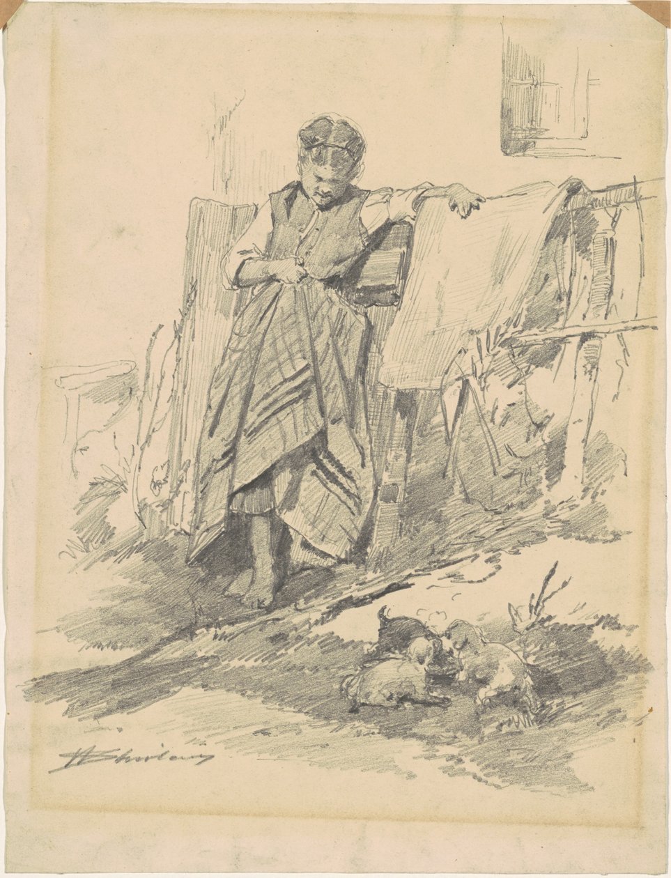 Woman Watching Puppies by Walter Shirlaw