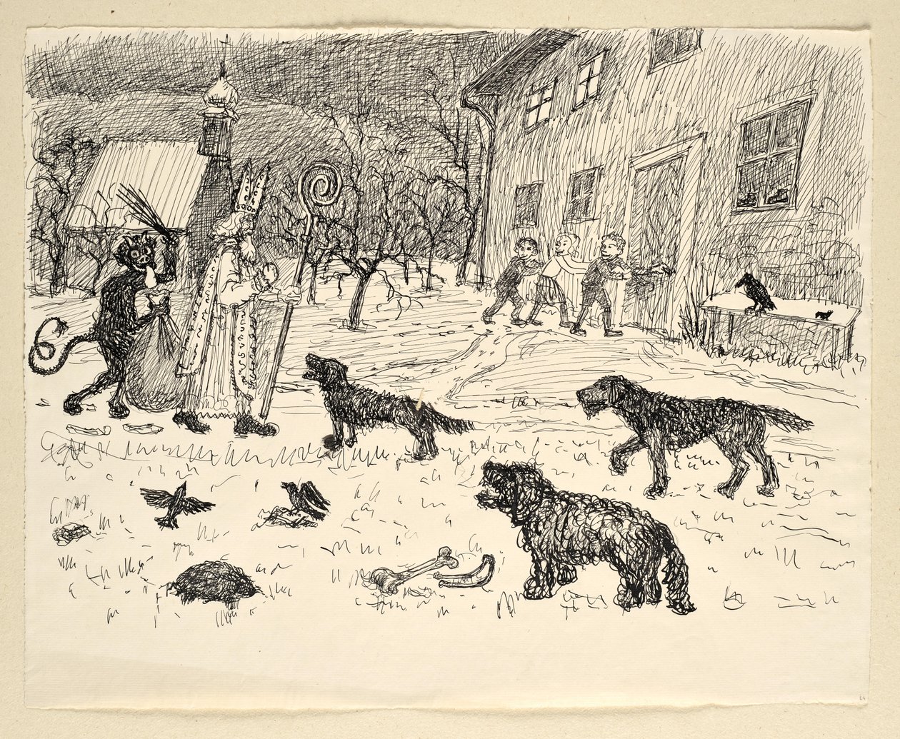 Nicholas and Krampus in Landscape with Children by Walther Gamerith