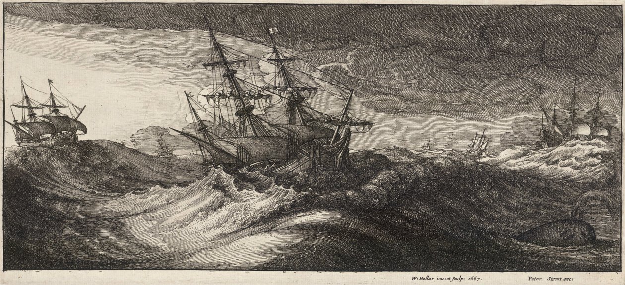 Warships and a Spouting Whale (State 2) by Wenceslaus Hollar