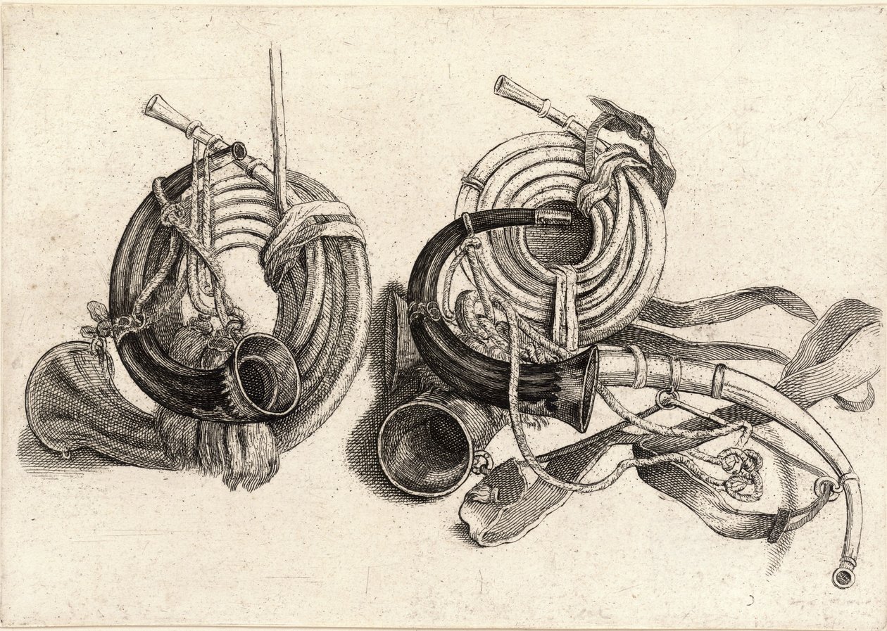Five hunting horns by Wenceslaus Hollar