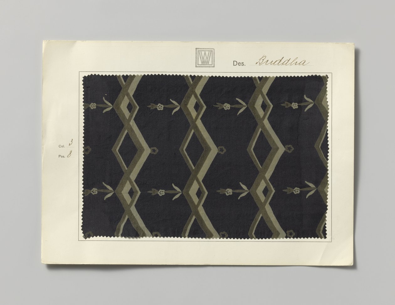 Sample with printed silk, design Buddha by Wiener Werkstätte