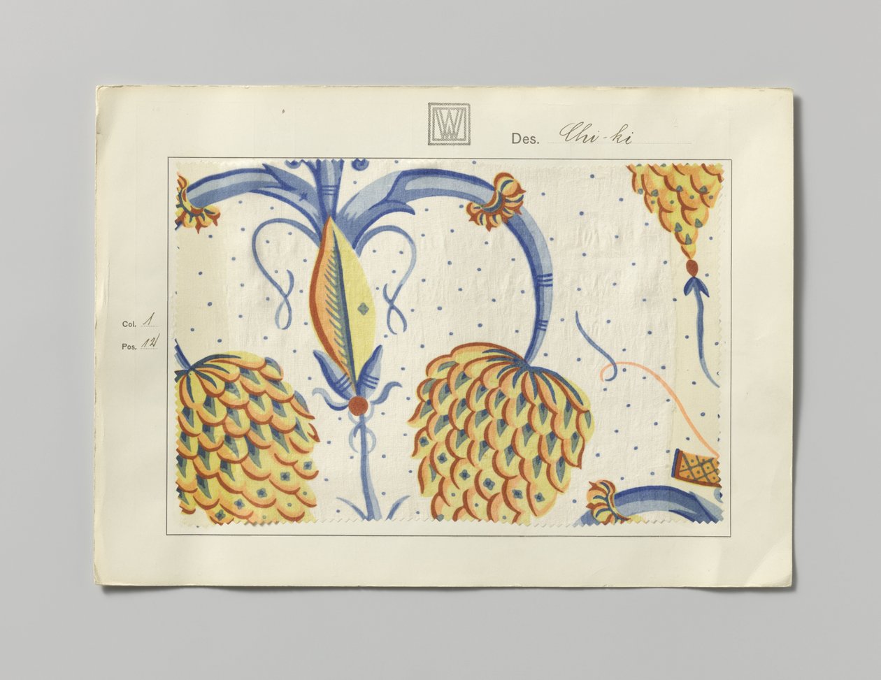 Sample with printed silk, design Chi-ki by Wiener Werkstätte
