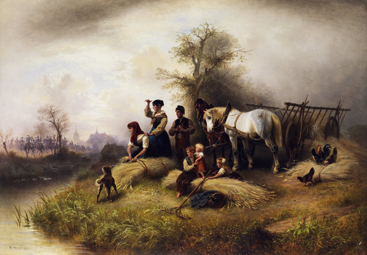 Peasant Family at the Grain Harvest Observing a Cavalry Parade by Wilhelm Meyerheim