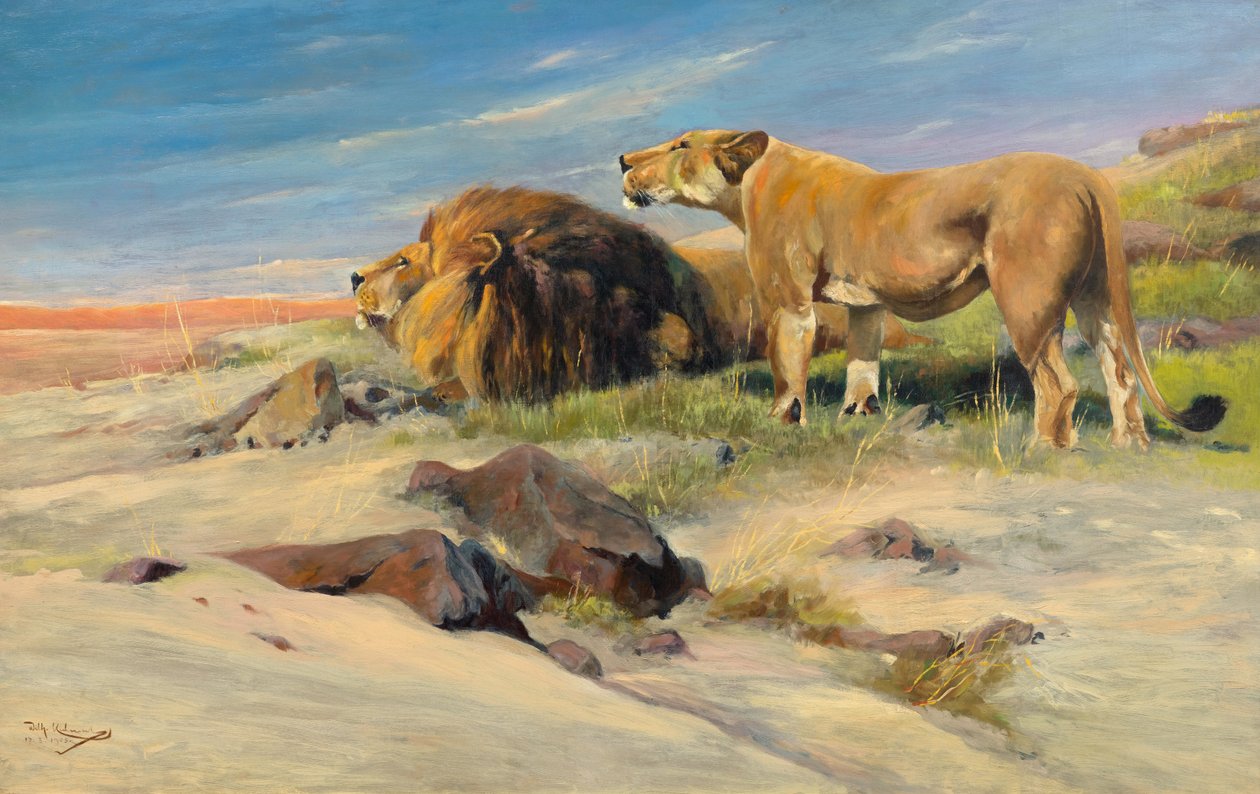 Pair of Lions in the Steppe by Wilhelm Kuhnert
