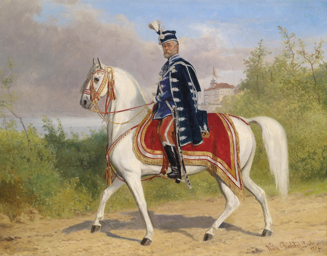 Hungarian Nobleman (Member of the Upper Chamber) on Horseback, Acsa Castle in the Background by Wilhelm Richter