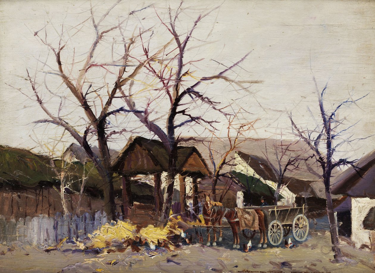 Horse Cart in a Farming Village under Bare Trees by Wilhelm Sprenger