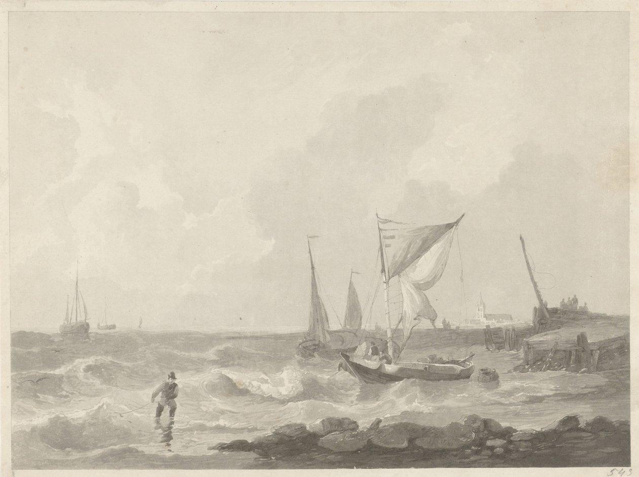 Fishing Boats by a Pier by Willem Hendrik Hoogkamer