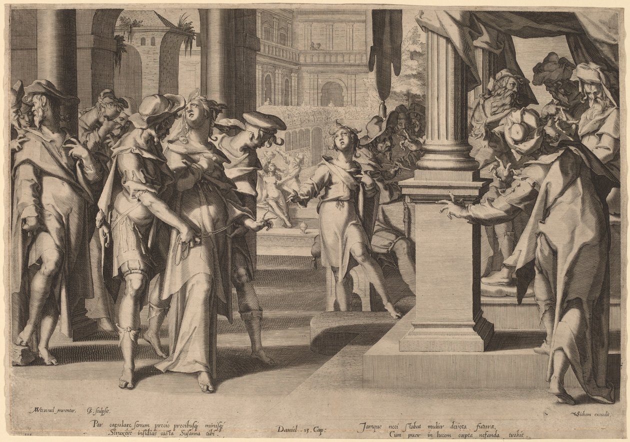 Suzannah before Daniel by Willem Swanenburgh, after Joachim Anthonisz Wtewael