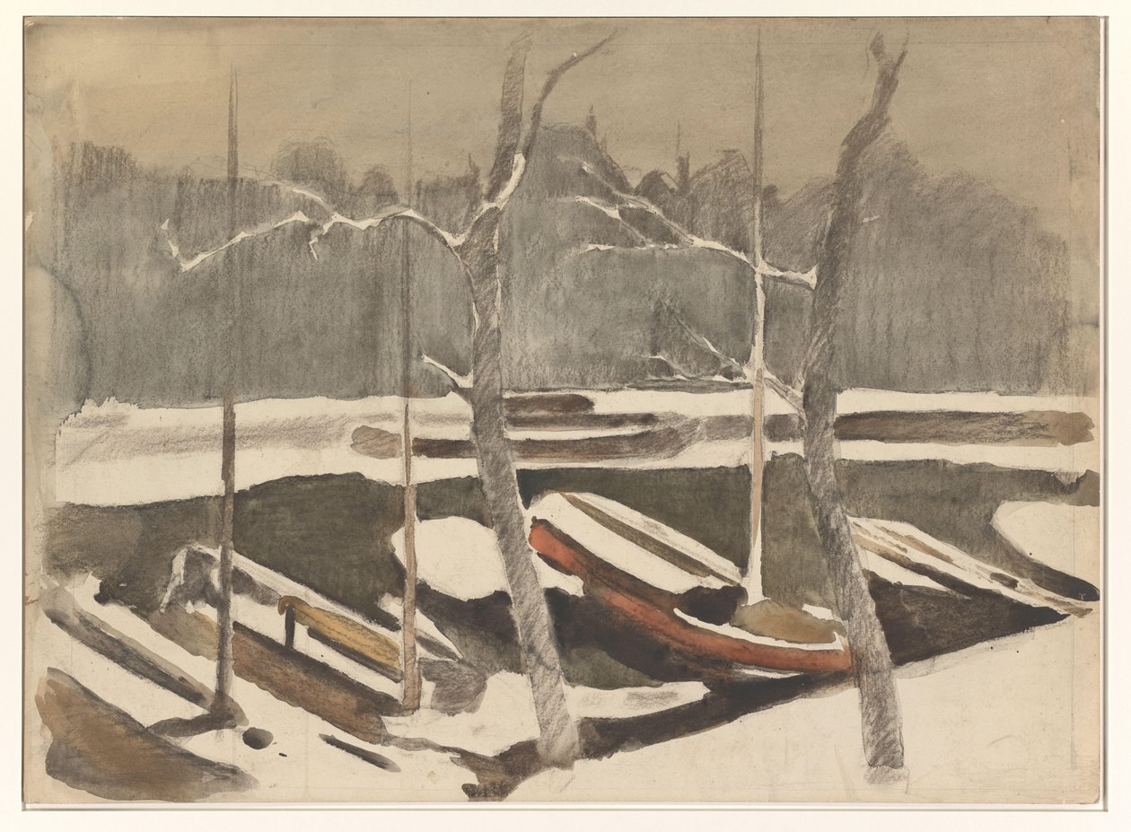 Moored Boats on a Snowy Canal by Willem Arnoldus Witsen