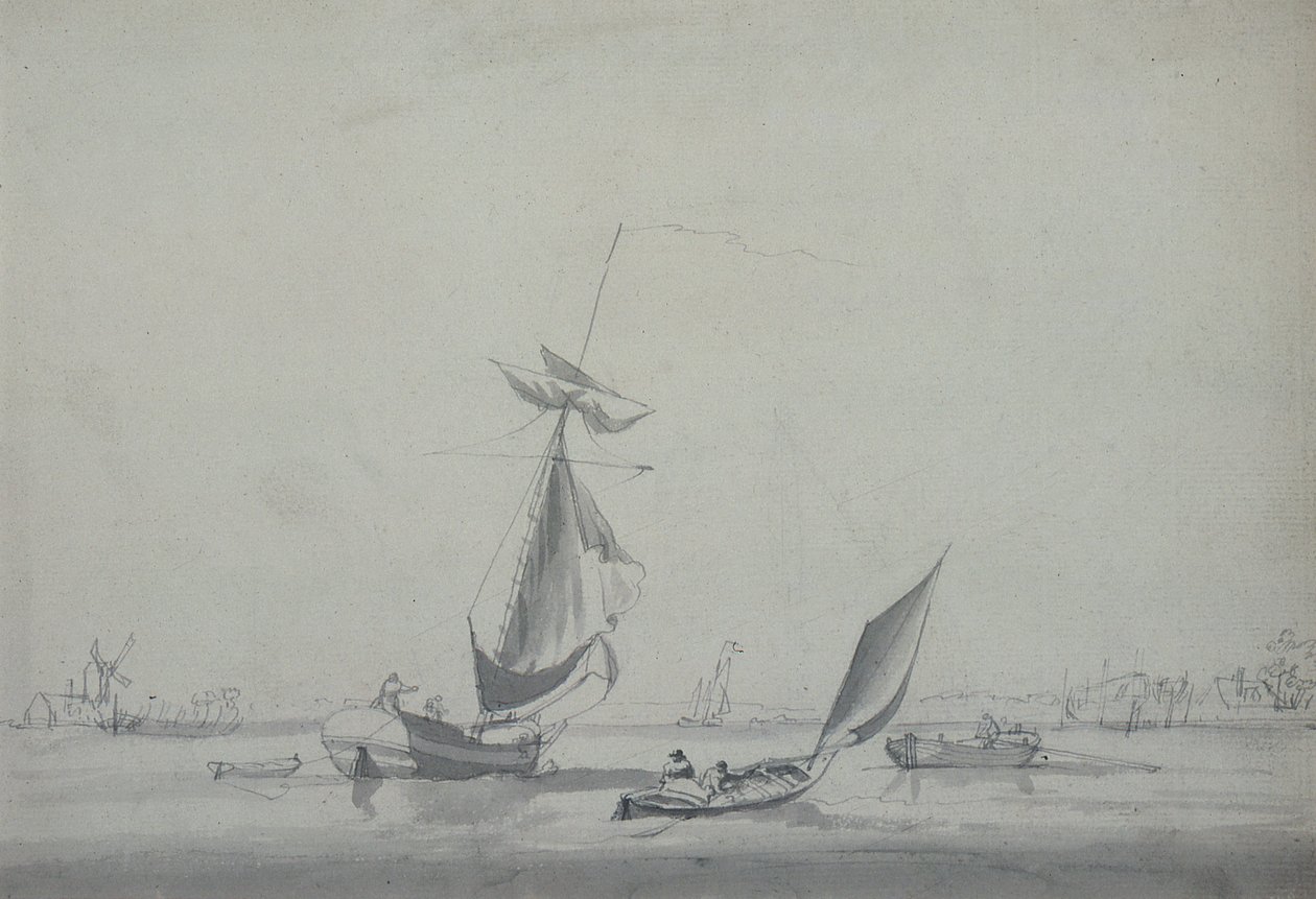 Fishing Boats: Low-lying Shore, with a Windmill to the Left by William Anderson