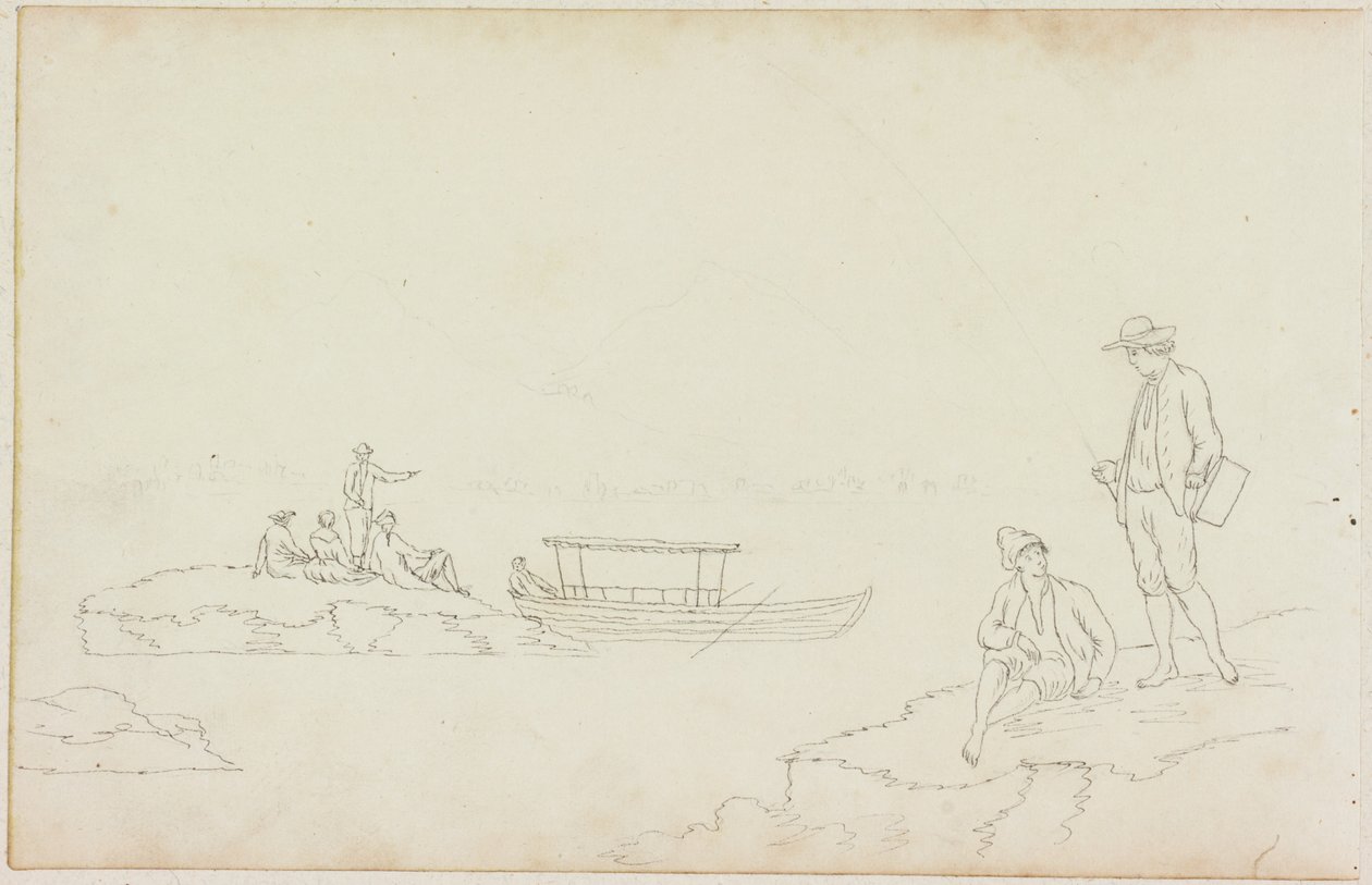Man Fishing and People Relaxing on River Banks by William Beilby