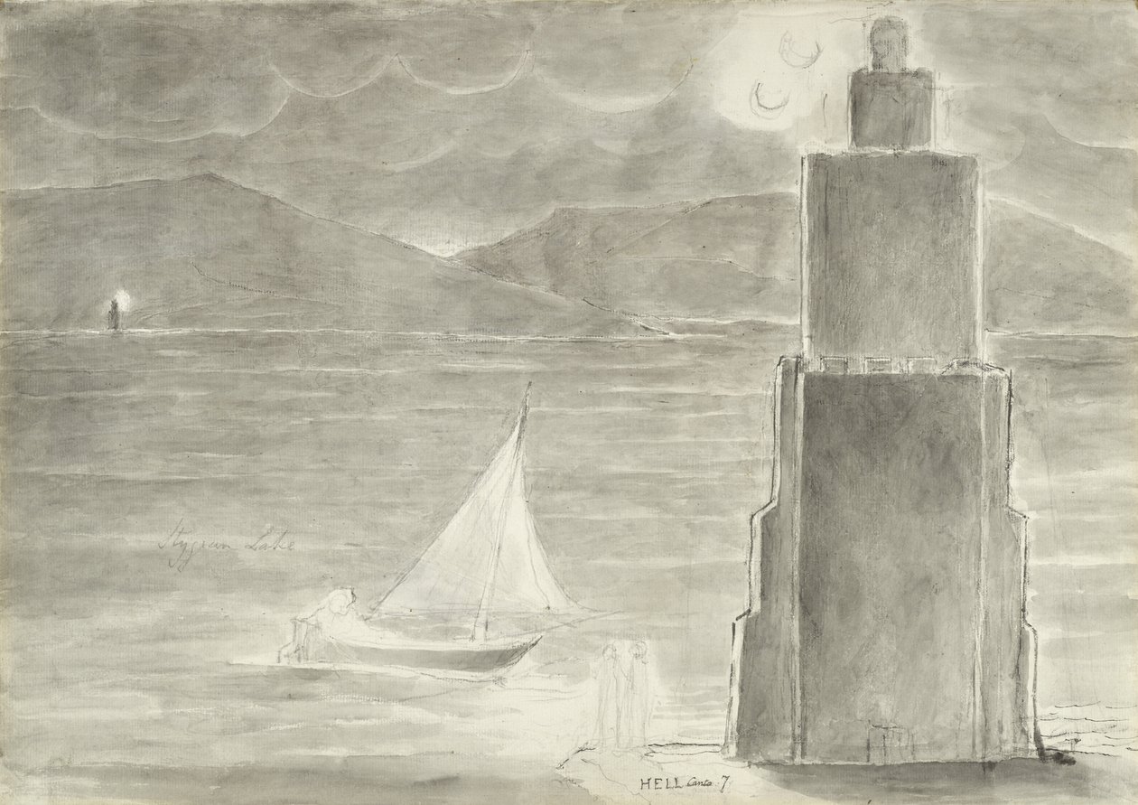 Dante and Virgil on the Edge of the Stygian Pool, illustration to the Divine Comedy by Dante Alighieri, 1824-27 by William Blake