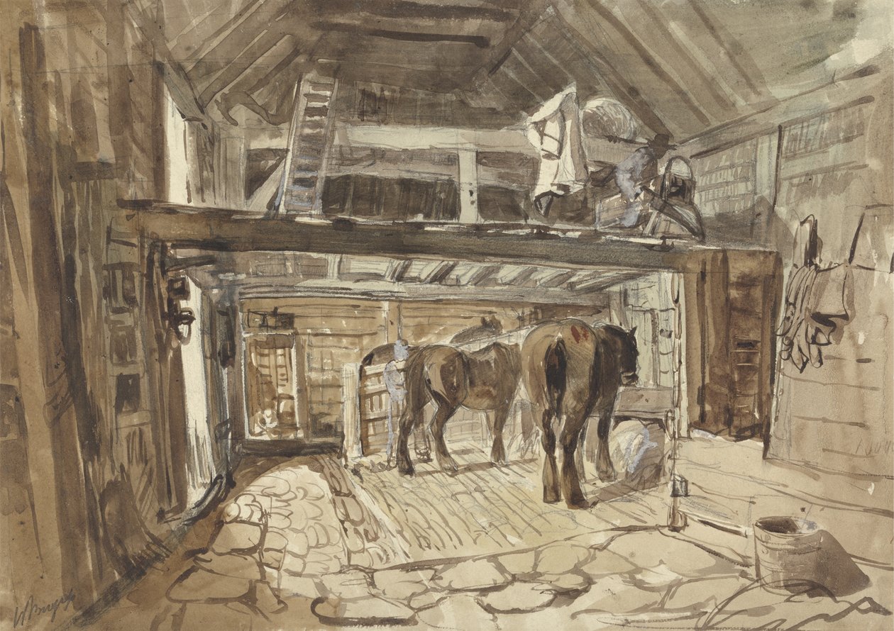 Interior of a Stable, with Two Horses Feeding by Henry William Burgess