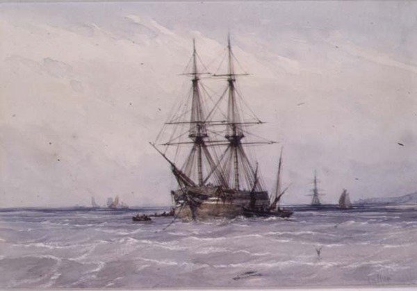 Brig at Anchor and Boats Alongside by William Callow