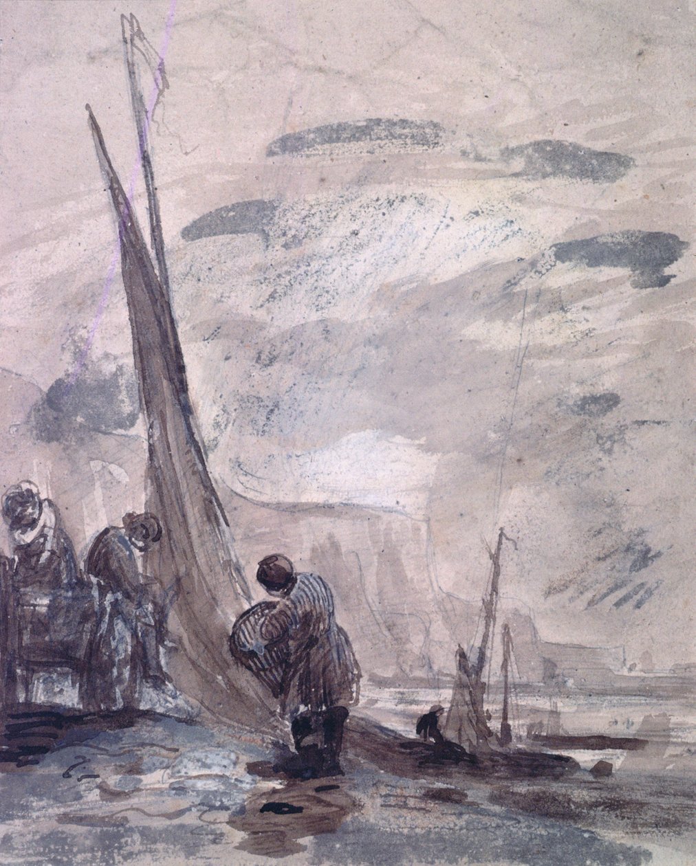 Figures with Cart and Boats on the shore, near cliffs by William Collins