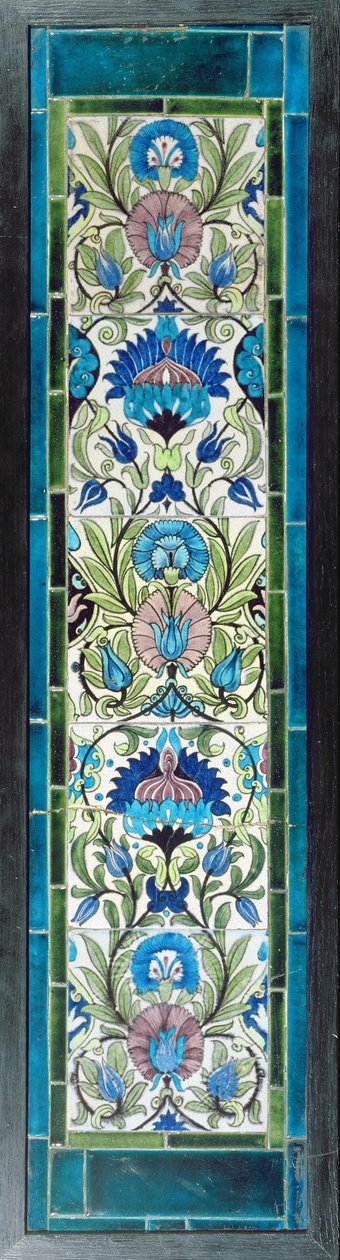 Five tiles with continuous floral design by William de Morgan