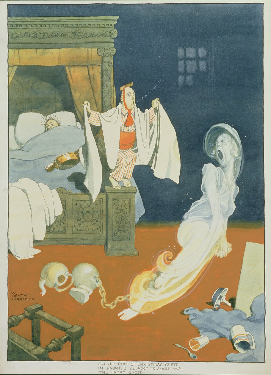 Clever Ruse of Christmas Guest in Haunted Bedroom to Scare Away the Family Ghost by William Heath Robinson
