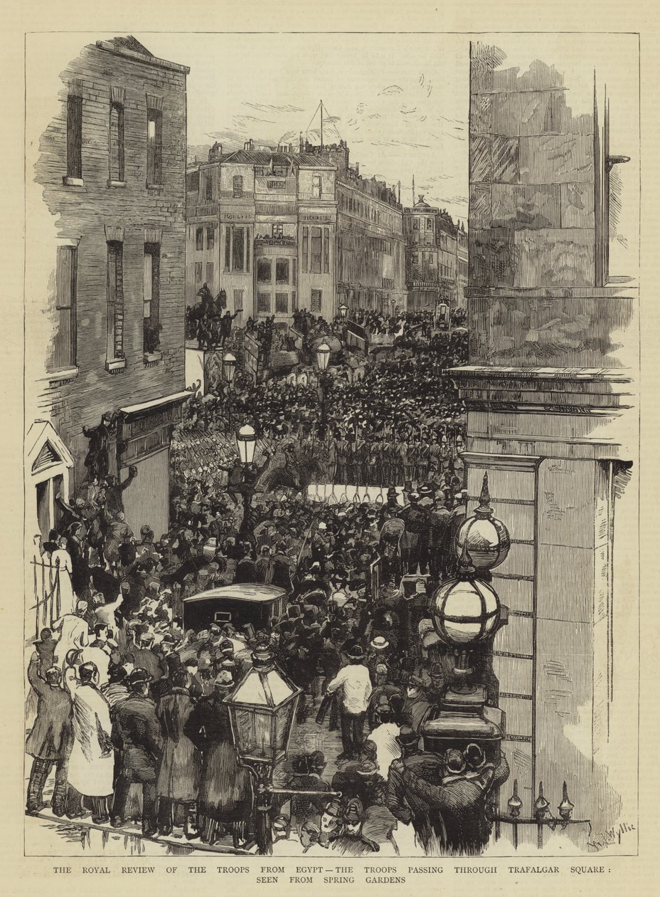 The Royal Review of the Troops from Egypt, the Troops passing through Trafalgar Square, seen from Spring Gardens by William Lionel Wyllie