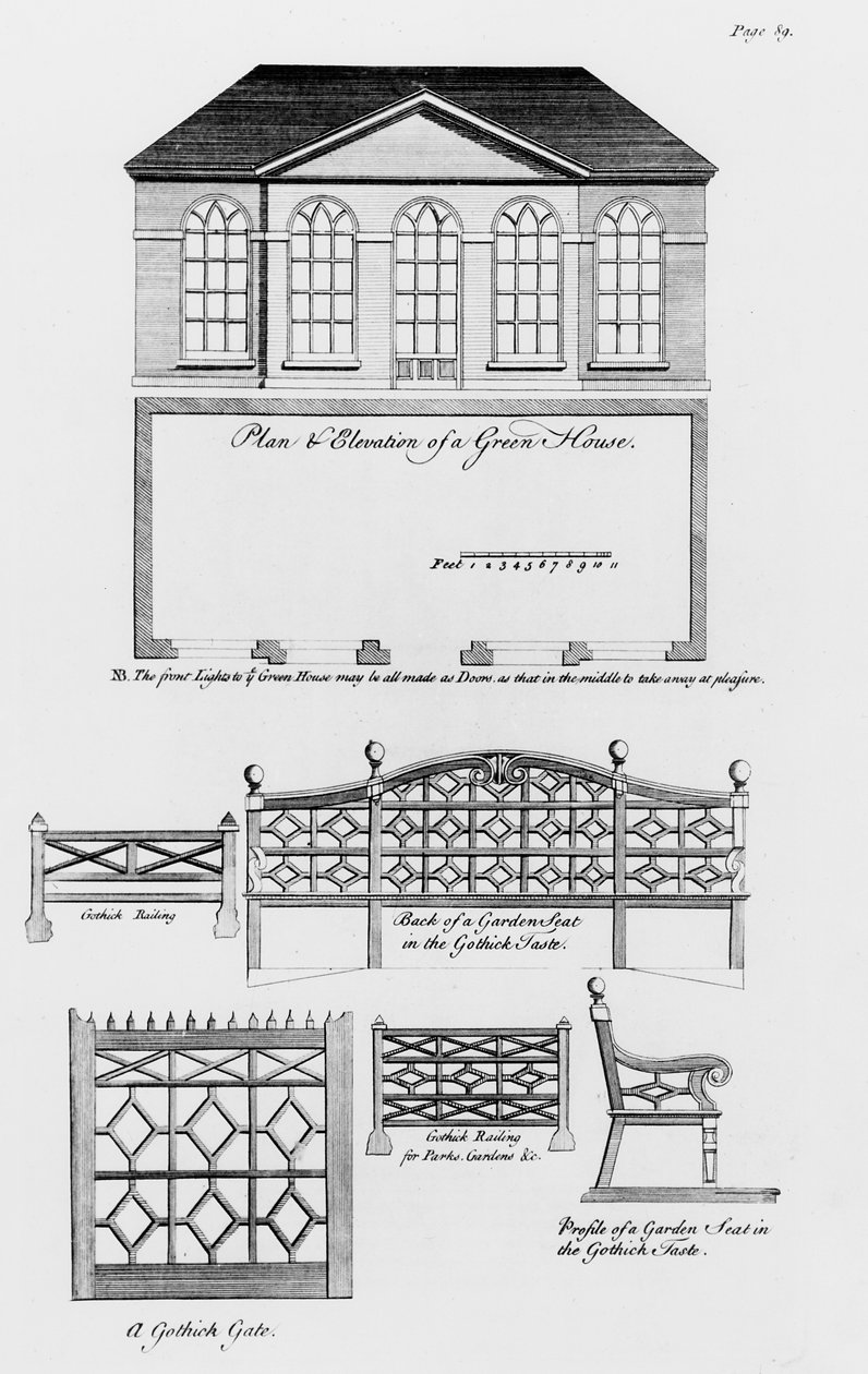 Plan and elevation of a green house, and garden designs in the gothic style, from 