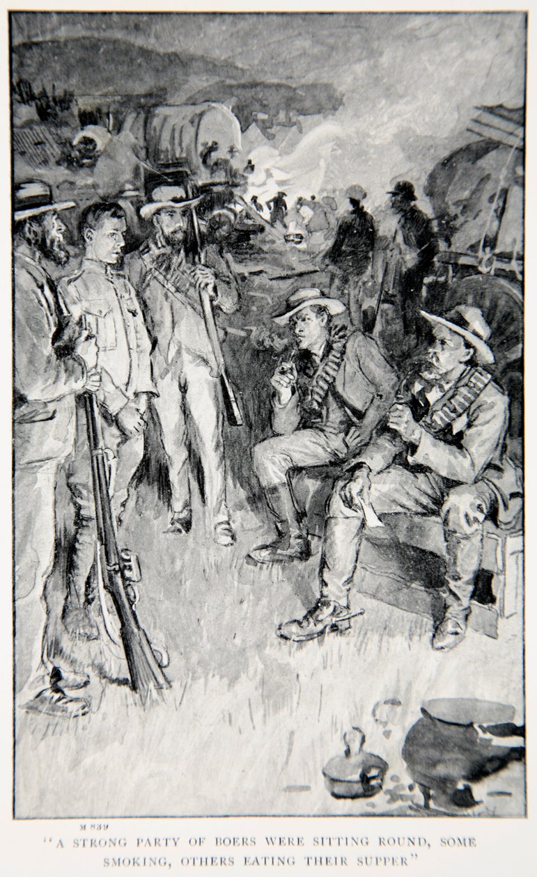 A strong party of Boers were sitting round, some smoking, others eating their supper, an illustration from 