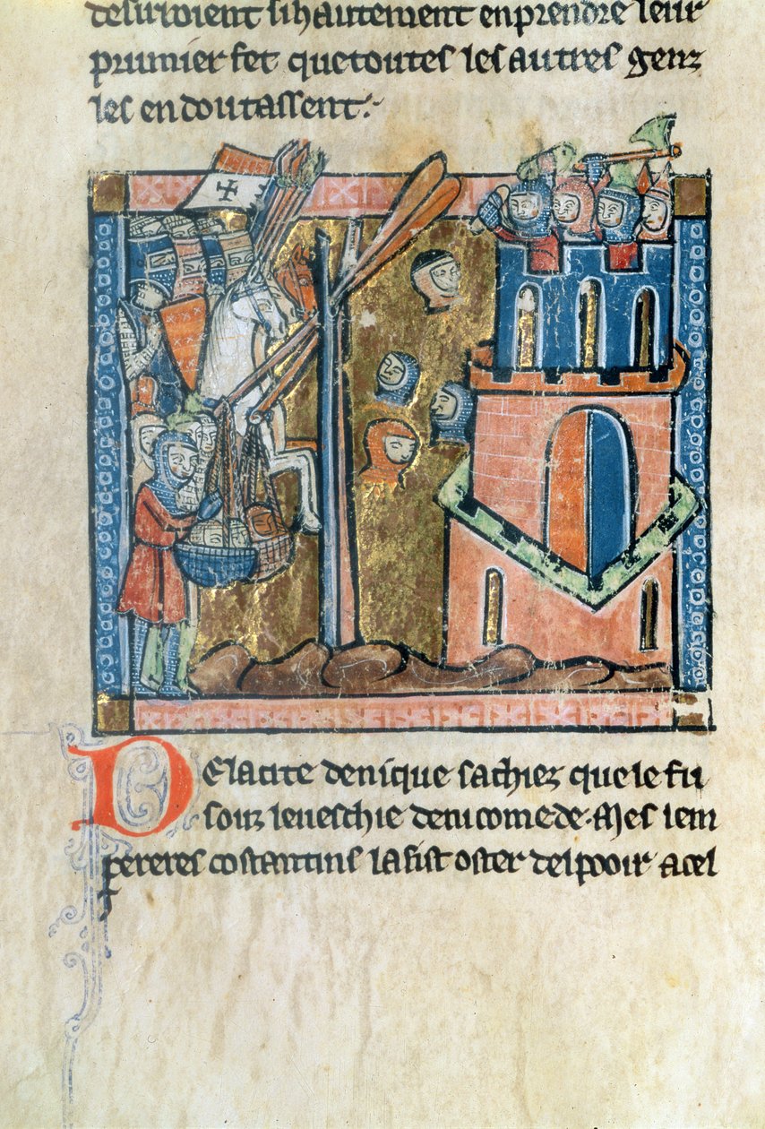 Crusaders bombard Nicaea with heads in 1097, from the Estoire d