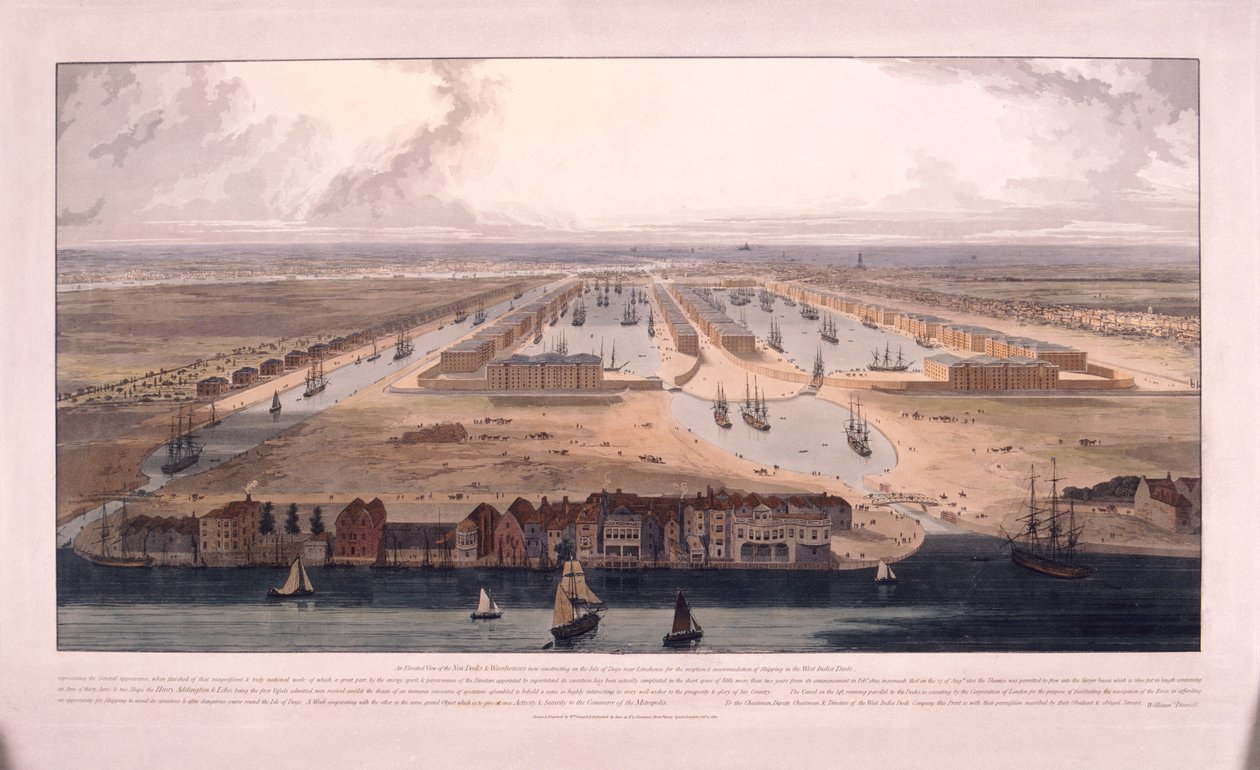 West India Docks, Poplar, London, 1802 by William Daniell