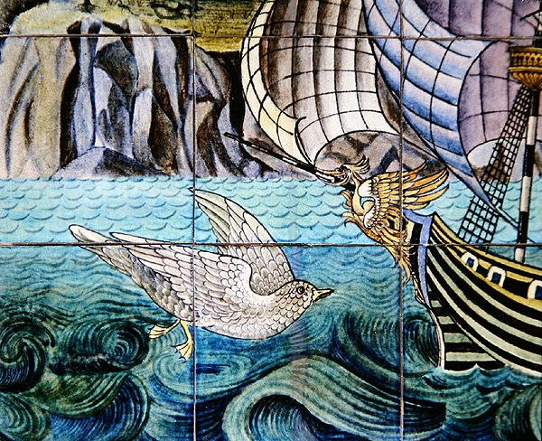 Tiles depicting a galleon by William de Morgan