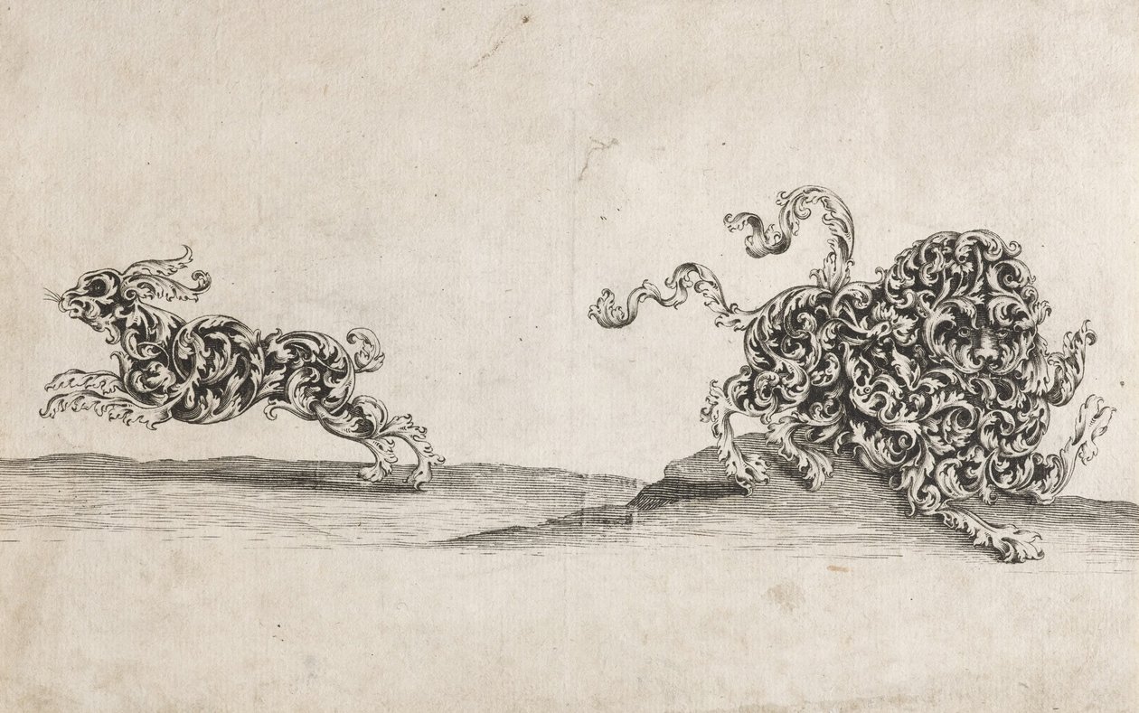 Lion and Hare Composed of Ornamental Leaf-Work by Wolfgang Hieronymus von Bömmel
