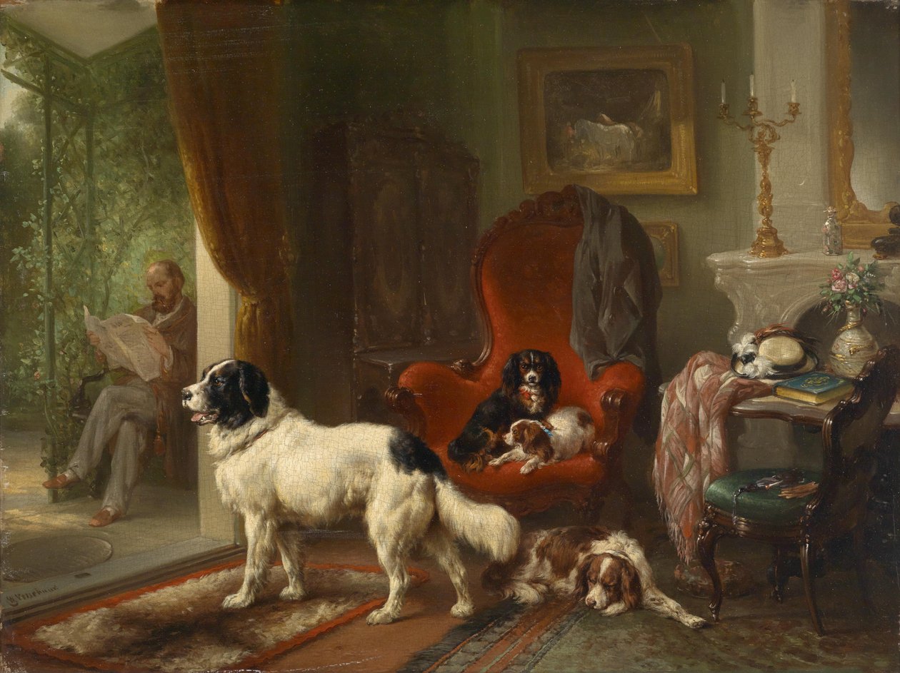 Interior with Dogs, View of a Pergola by Wouterus Verschuur