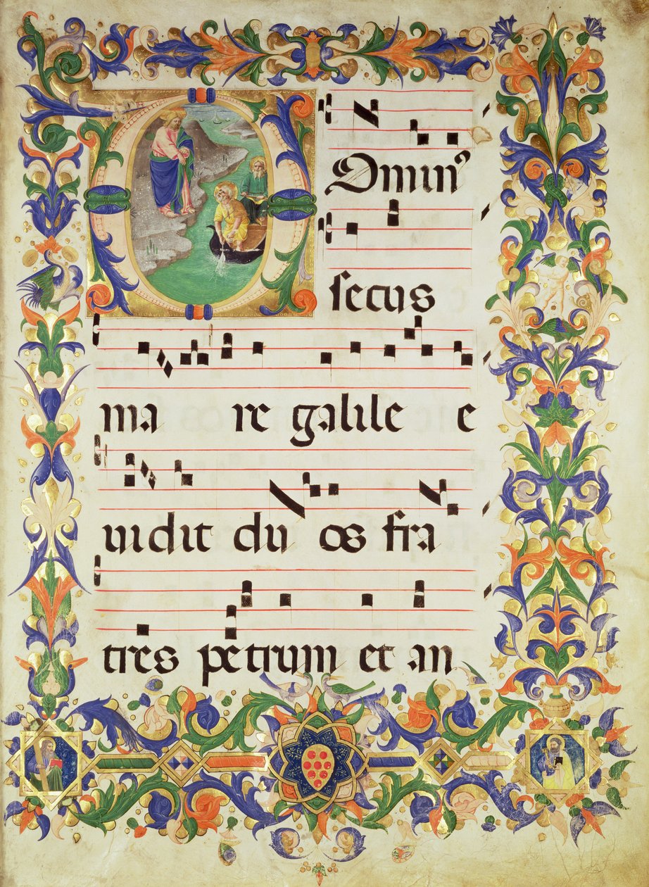 Missal 515 f.1r Page of choral music with an historiated initial 