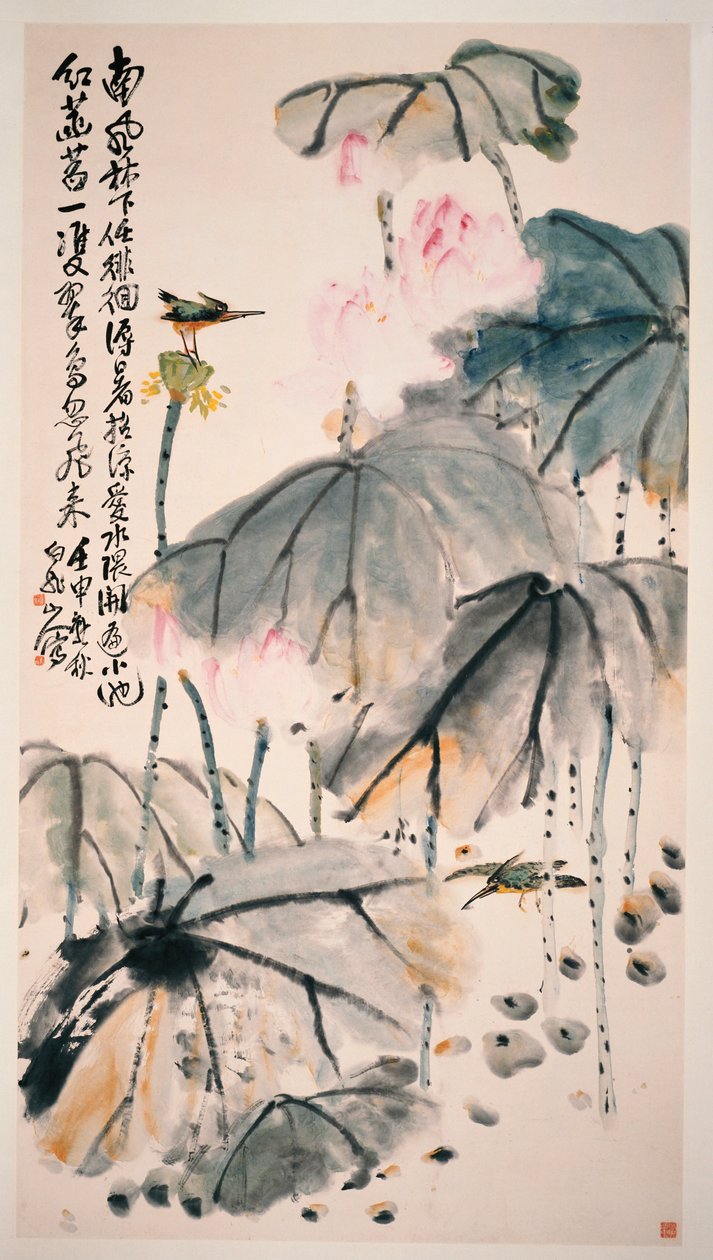 Lotus and Green Birds by Zhen Wang