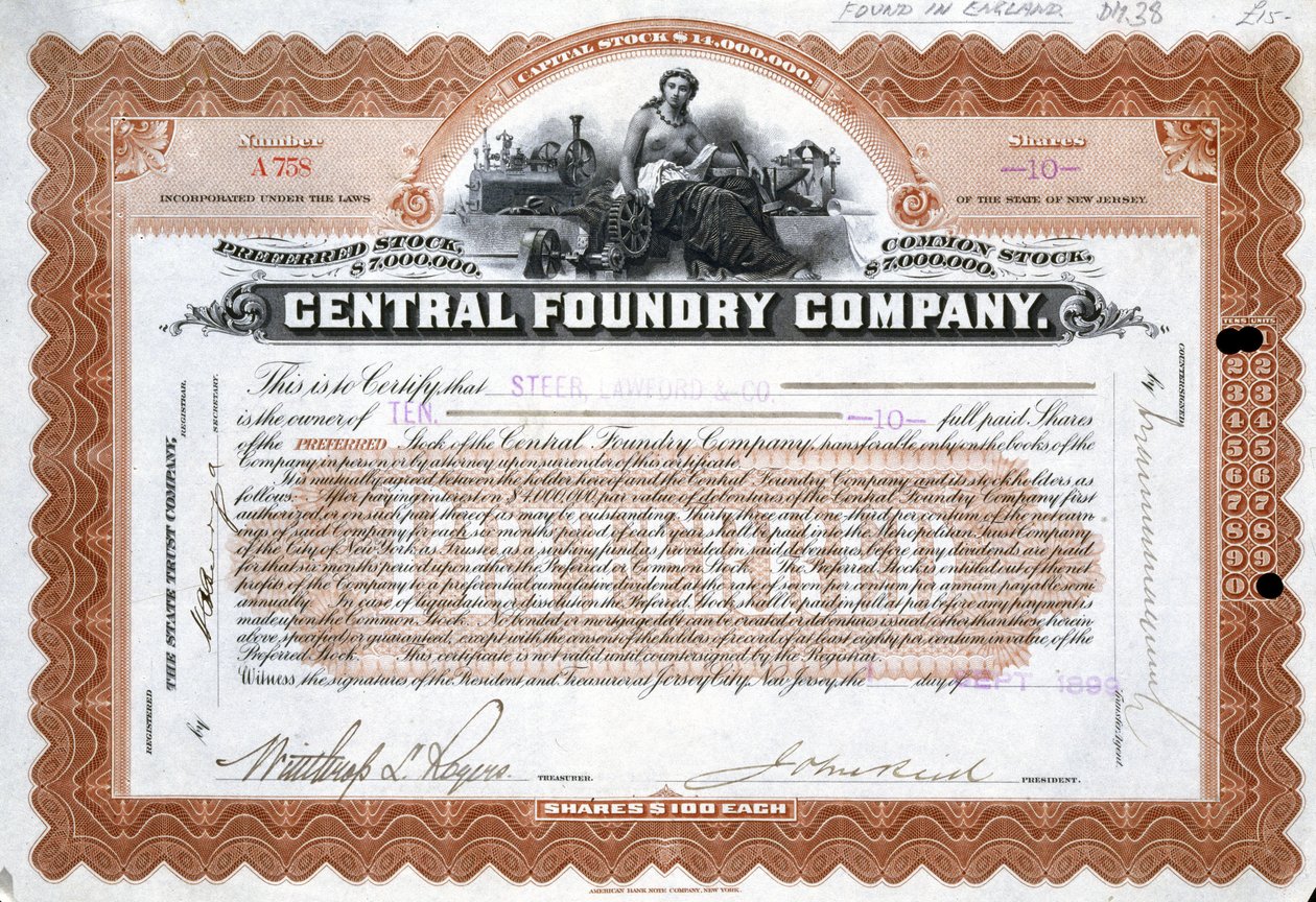 Central Foundry Share Certificate, Brazil by Frederick (attr. to) Barnard
