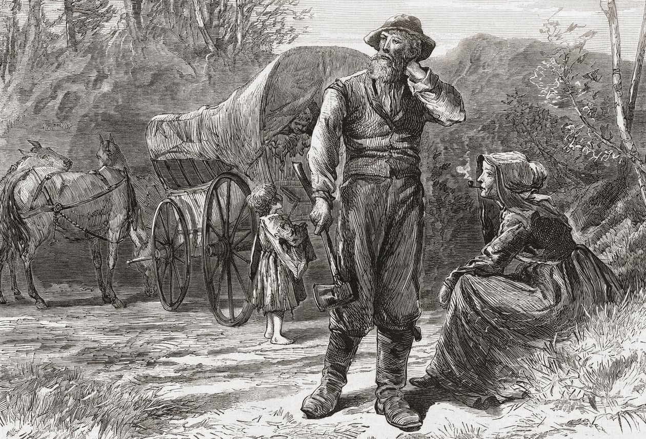 Family with covered wagon by . .