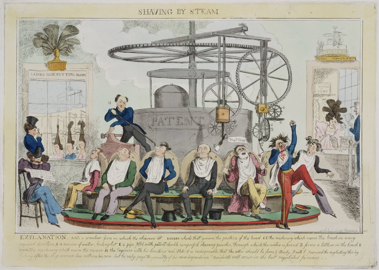 Shaving by Steam, c 1810 by Frederick (attr. to) Barnard