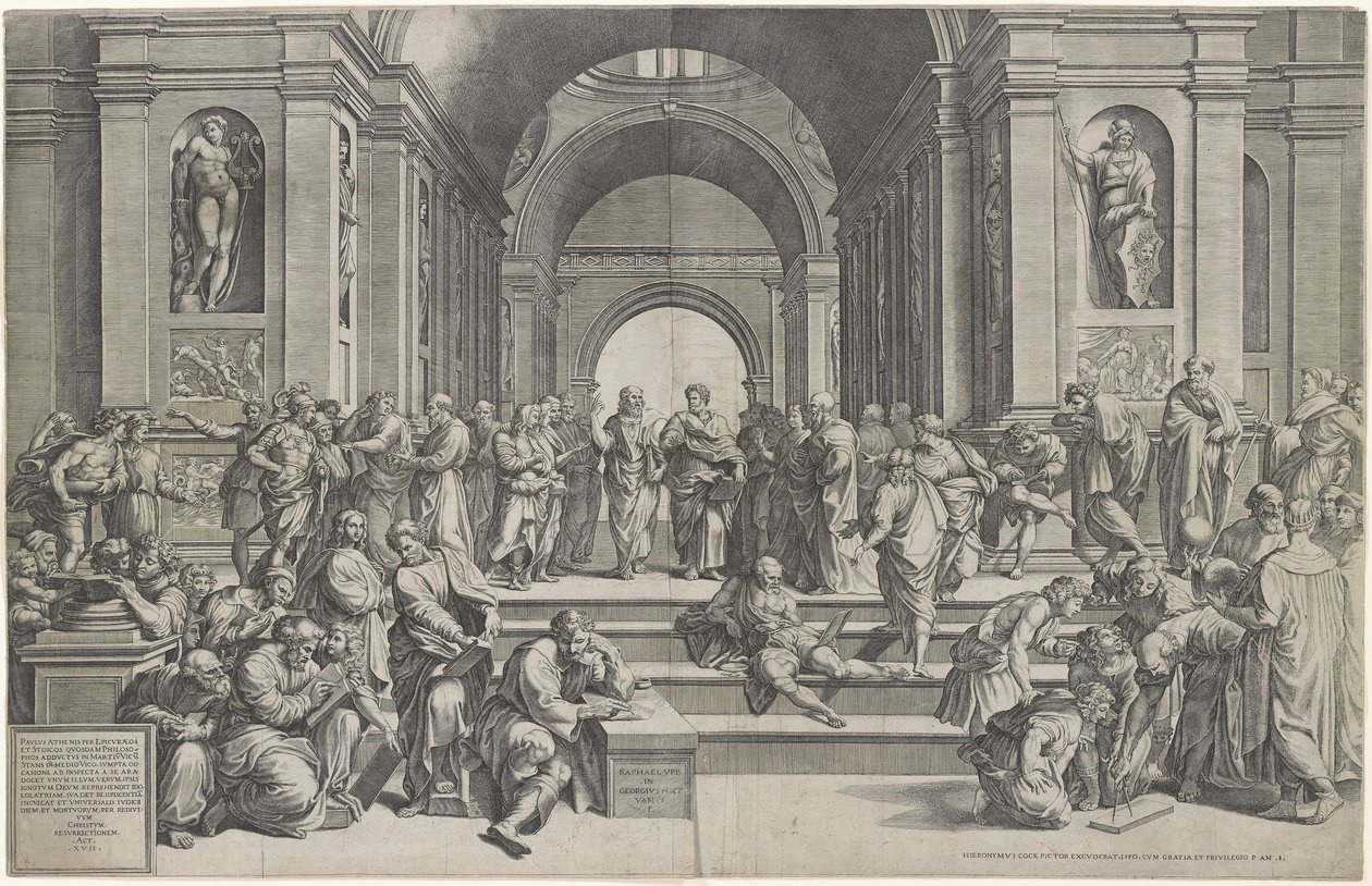 The School of Athens. Pub. 1550 by after Raphael