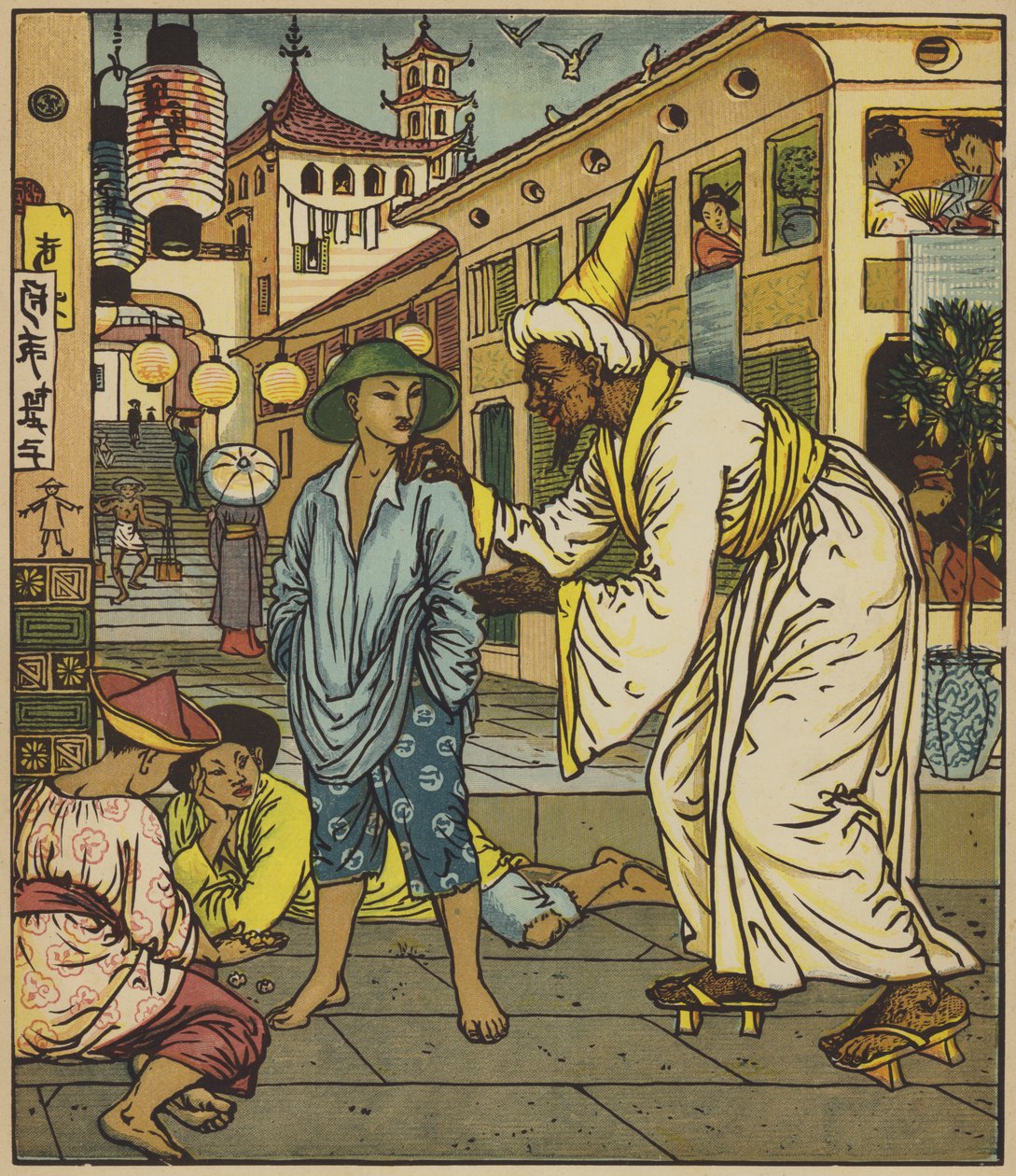 The Magician Accosts Aladdin by after Walter Crane