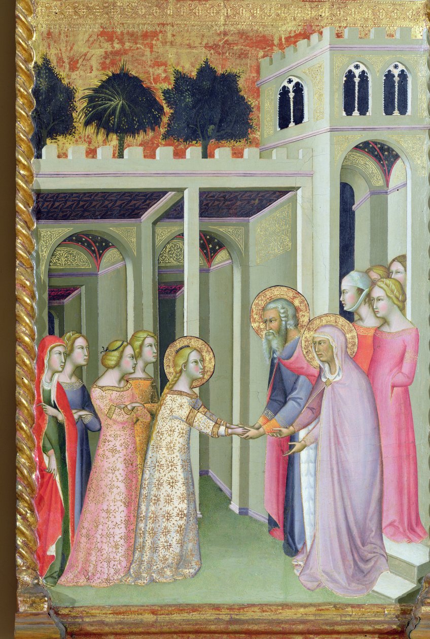 Triptych of the Coronation of the Virgin, Right Panel Depicting the Virgin Returning to Her Family Home by also Manfredi de Battilori Bartolo di Fredi